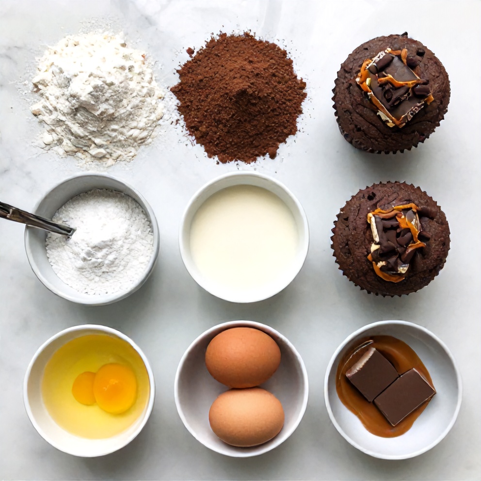 Raw ingredients for Snickers Cupcakes on a white marble surface, bright even light