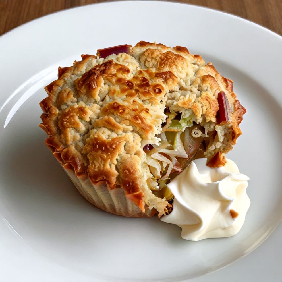 Plated upside down rhubarb muffin with a dollop of whipped cream