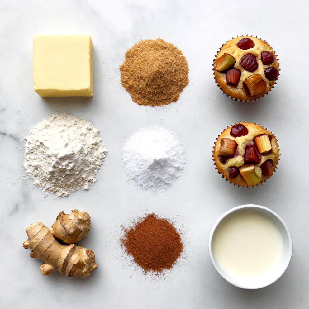 Raw ingredients for upside down rhubarb muffins including rhubarb, sugar, and flour