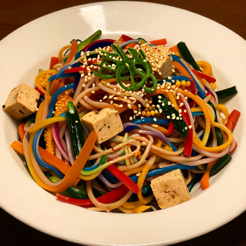 Vibrant Rainbow Noodle Salad on a white plate with chopsticks