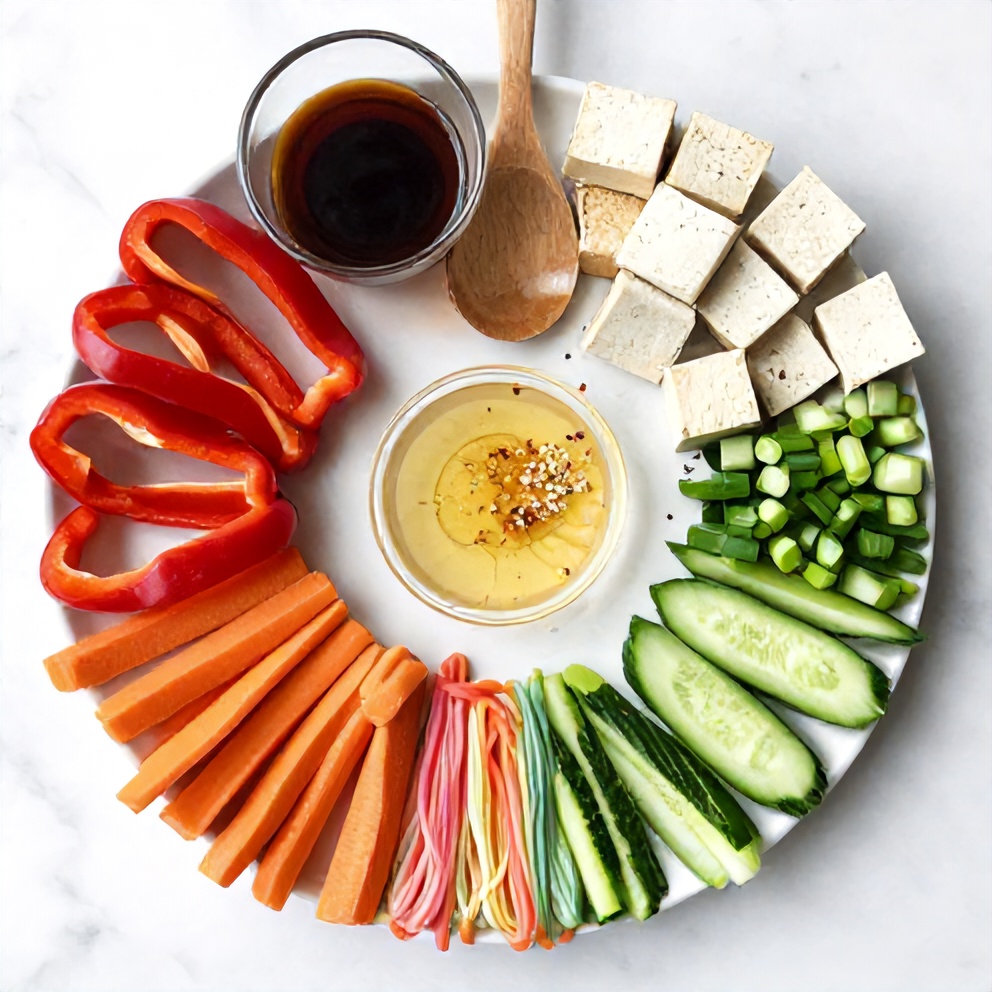 Rainbow Noodle Salad ingredients on a wooden surface