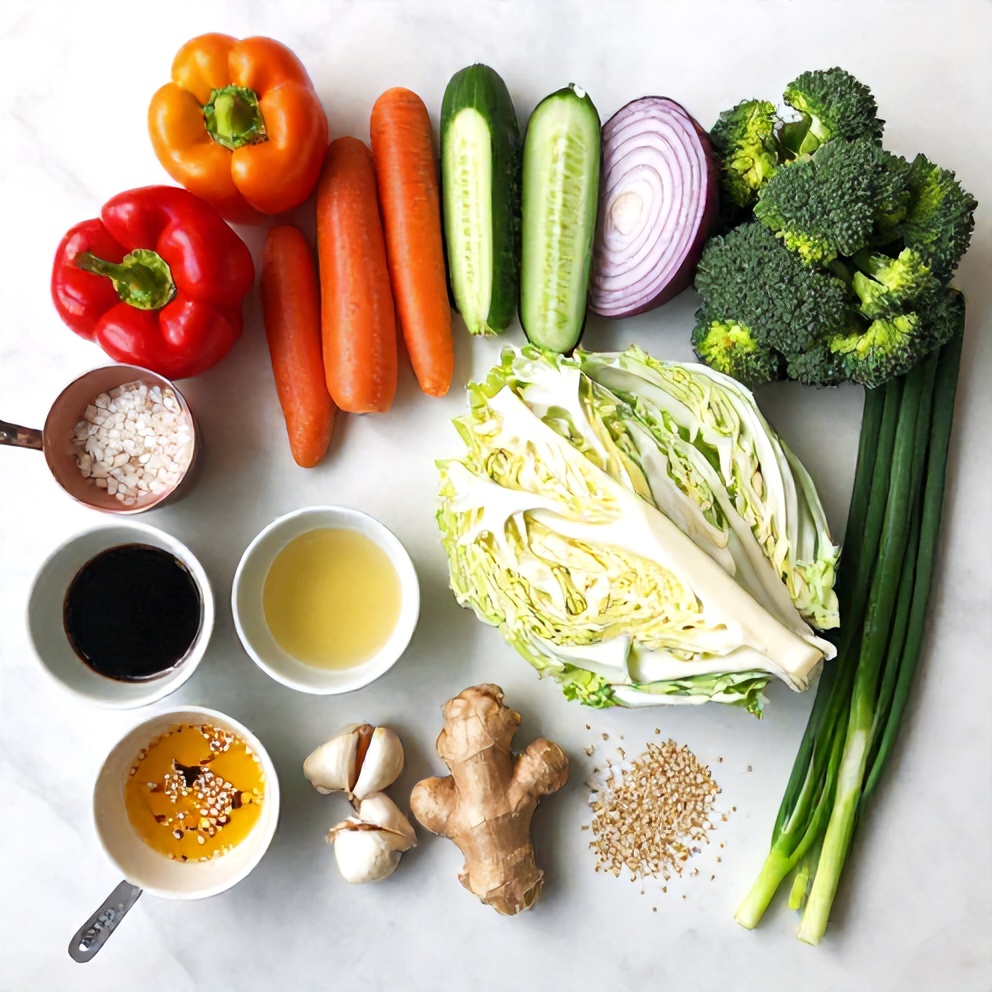 Rainbow salad ingredients flat lay