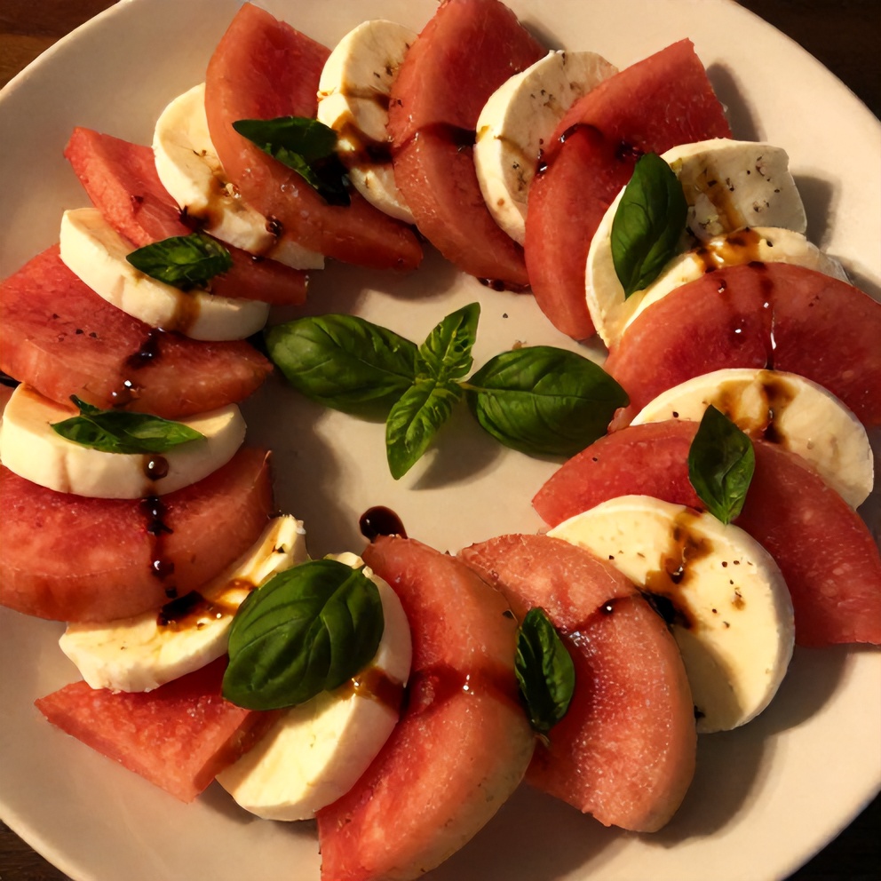 Watermelon Caprese Salad plated with a drizzle of balsamic glaze