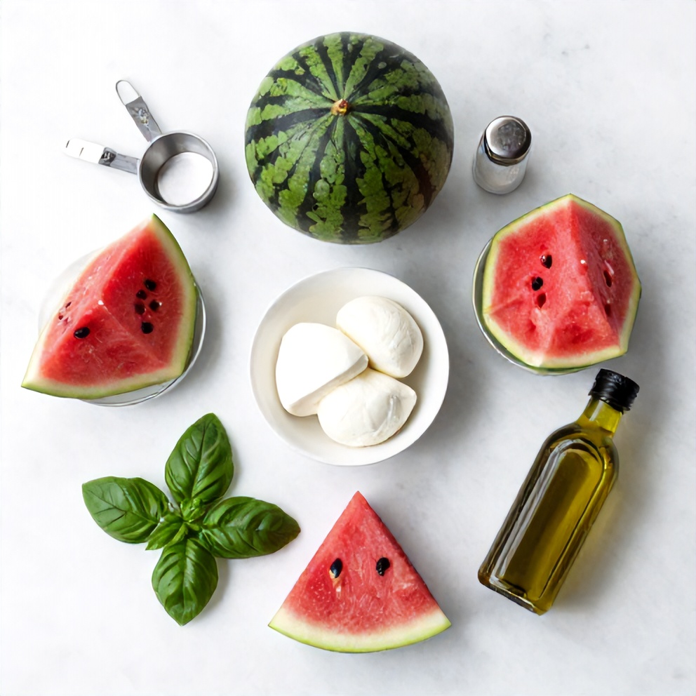 Watermelon, fresh mozzarella, basil, balsamic glaze, olive oil, salt, and pepper on a marble surface
